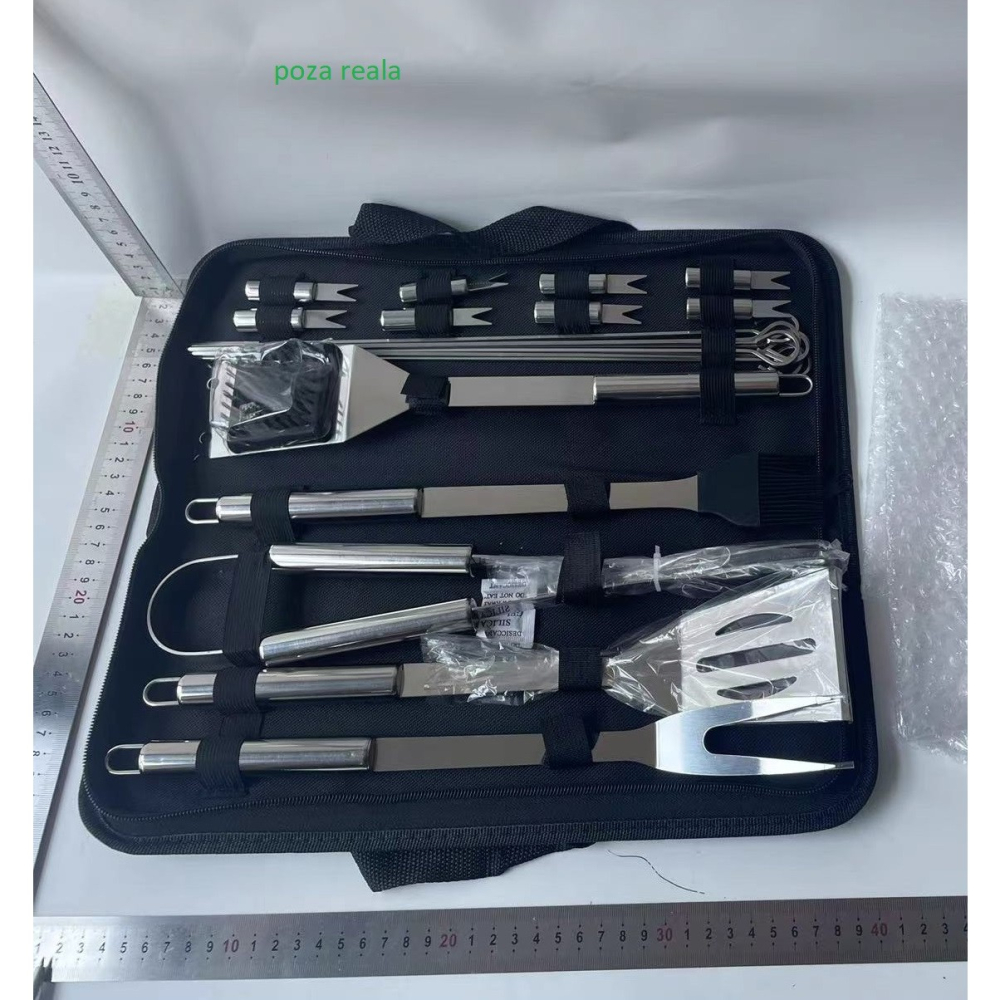 Set 20 Ustensile pentru Gratar, din Otel Inoxidabil, Geanta Oxford, Argintiu [2]