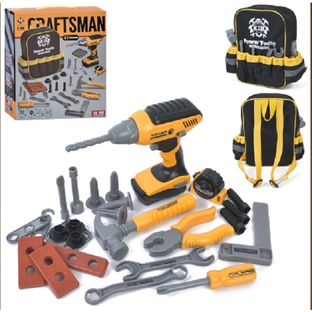 Set Scule de Jucarie pentru Copii, Ghiozdan cu Bormasina si Accesorii Incluse, 28 Piese, Material Plastic Durabil, Interactiv, +3 Ani, 30.5x25x11 cm, Negru/Portocaliu [4]