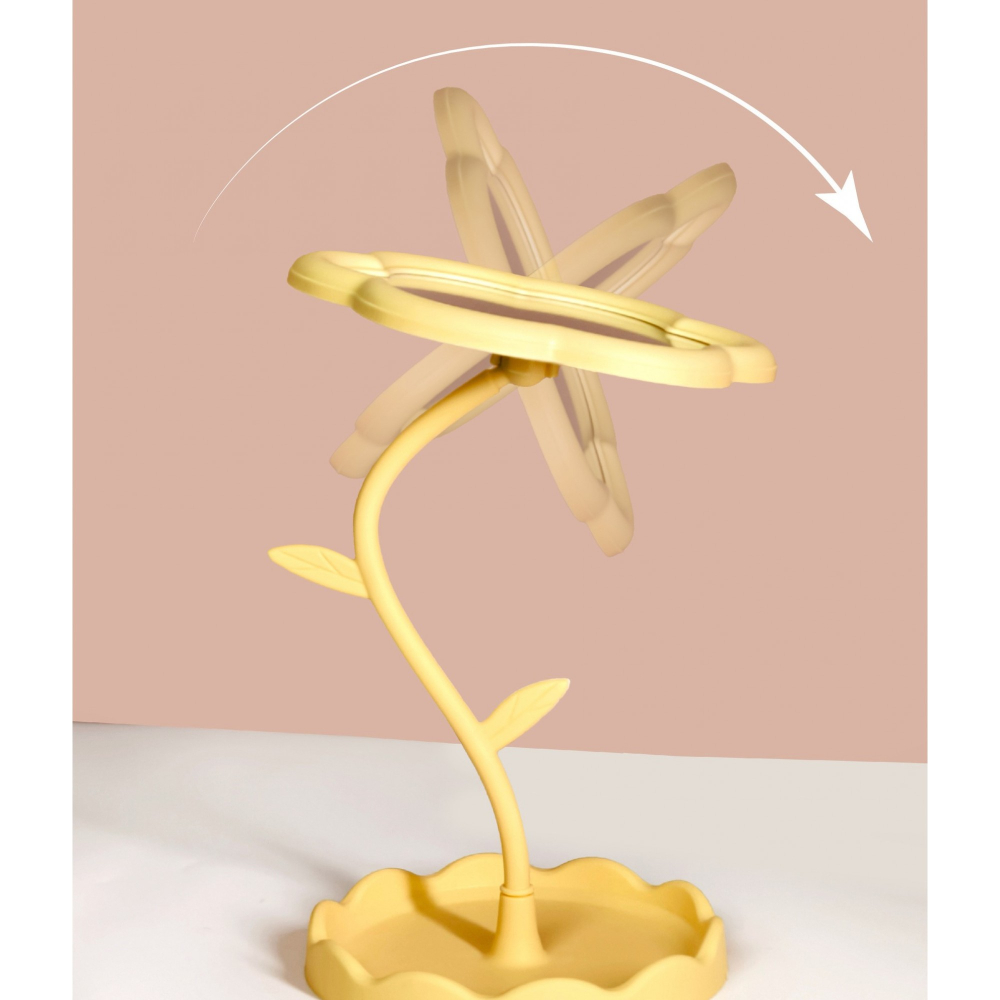 Oglind? de Machiaj pentru Birou, Rotativ?, Detasabil?, Model de Floarea Soarelui, Suport pentru Inele, cu Depozitare, Galbena [5]