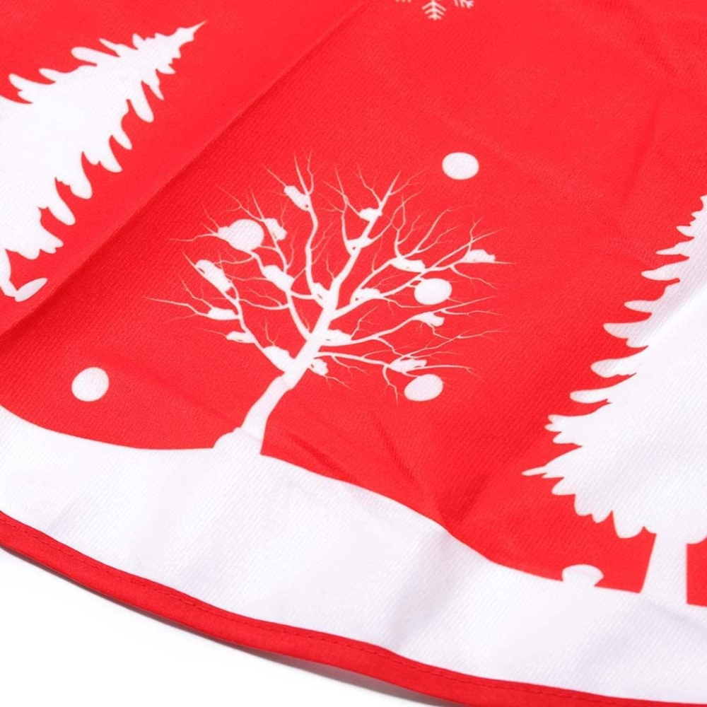 Covoras pentru Bradul de Craciun, din Tesatura Pufoasa, cu Fundite de Prindere, Model Brazi, Rosu/Alb, Diametru 90 cm [2]