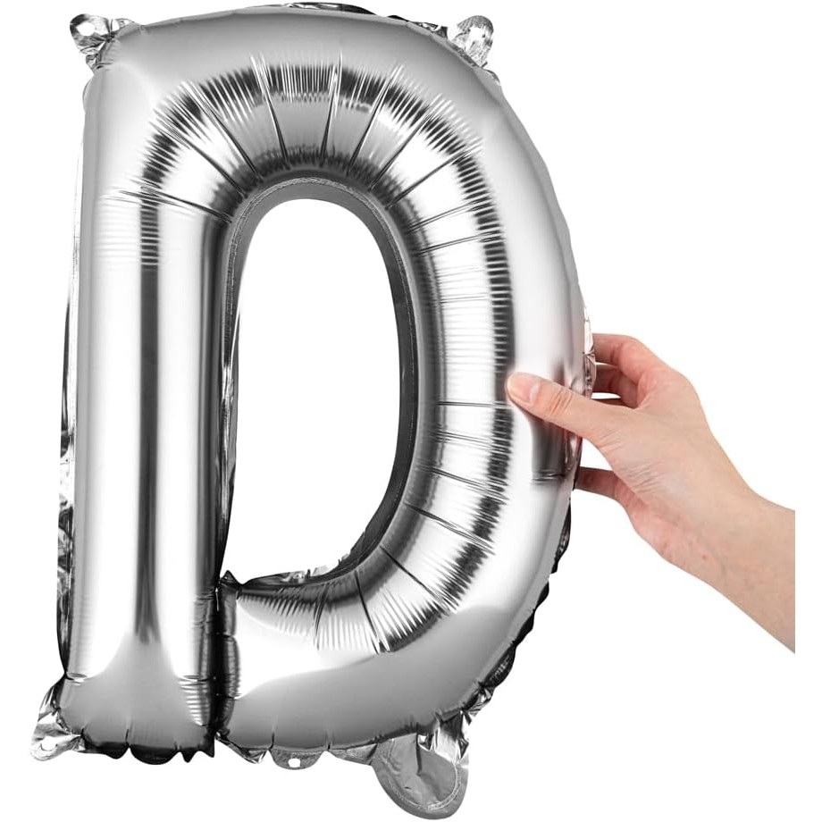 Balon Folie Metalizata Litera D, 80 cm, Umflati cu Heliu sau Aer, Ambalaj Individual, Pai inclus, Argintiu [7]