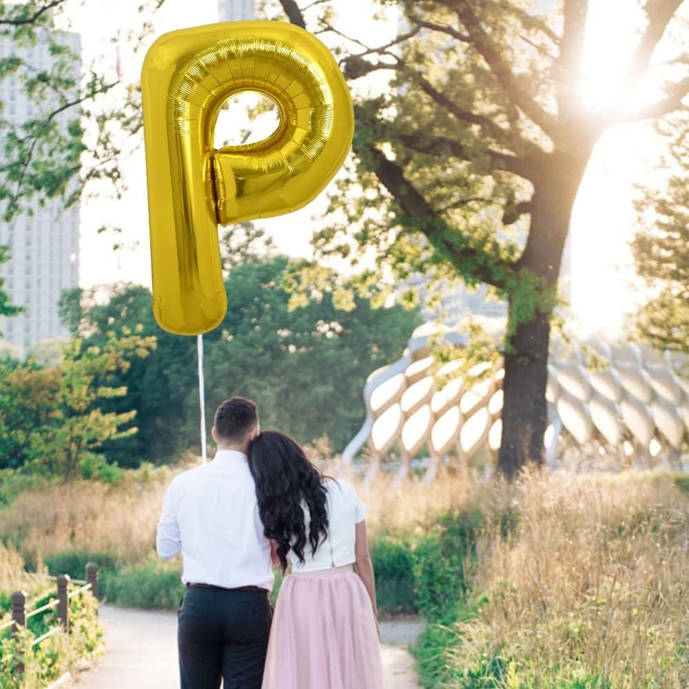 Balon Folie Metalizata Litera P, 80 cm, Umflati cu Heliu sau Aer, Ambalaj Individual, Pai inclus, Auriu [4]