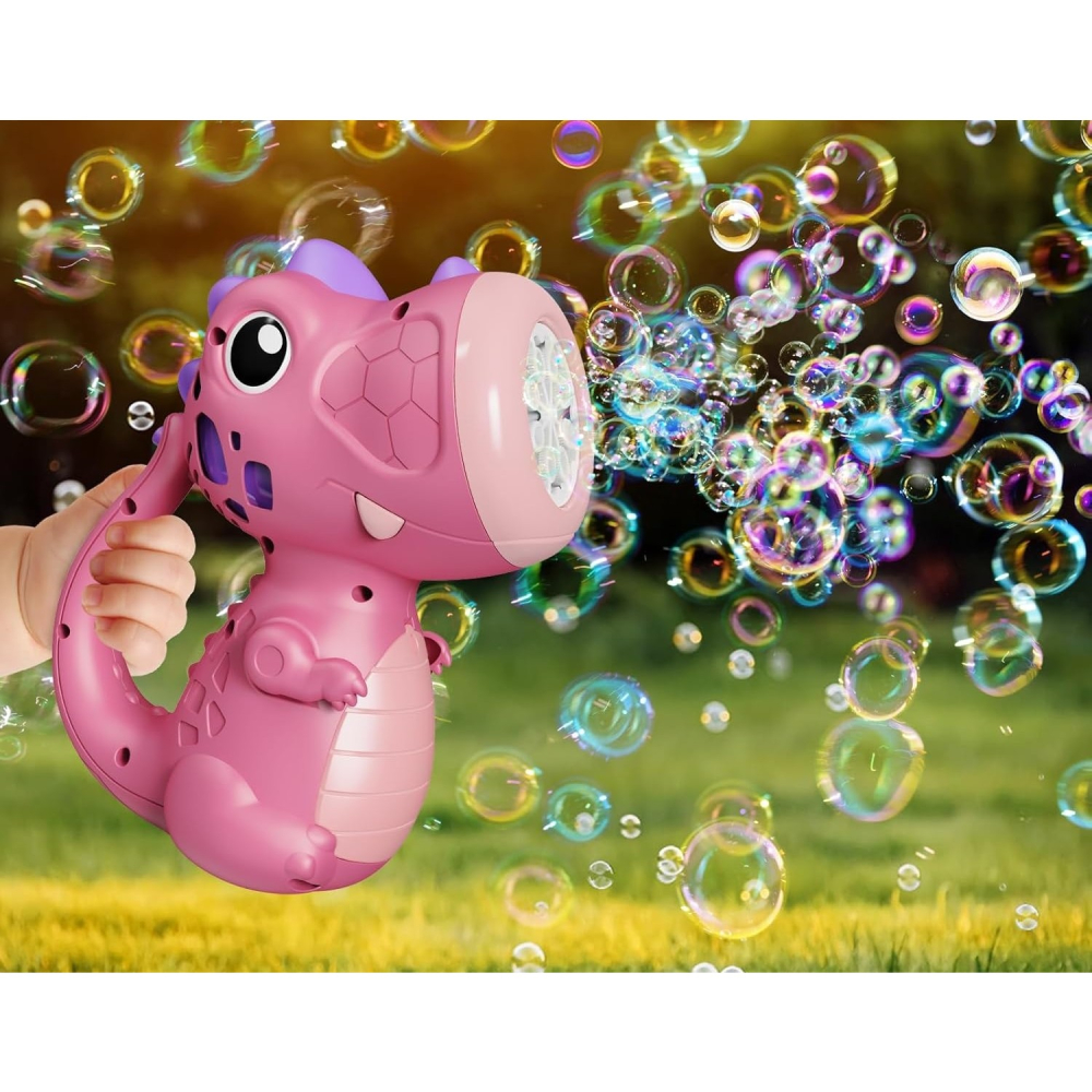 Jucarie Interactiva pentru Baloane de Sapun, Sunete si Lumini, Model Dinozaur, cu 8 Orificii, 15 x 8.5 x 18.5, Roz [3]