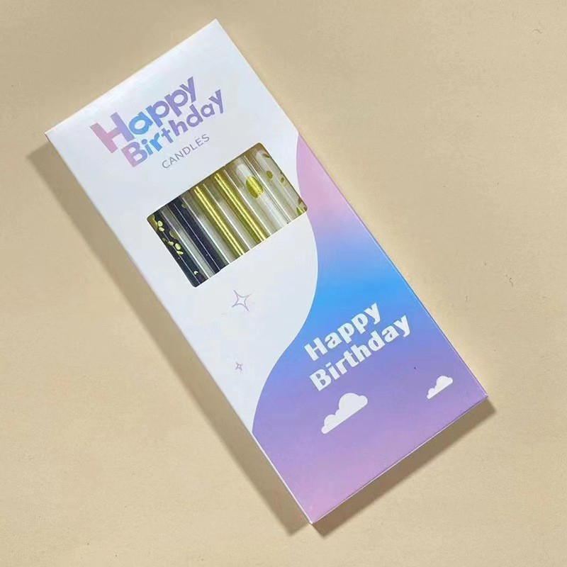 Set 6 Lumanari Lungi, din Parafina, 10 x 0.5 cm, Happy Birthday, Alb/Negru/Auriu [2]