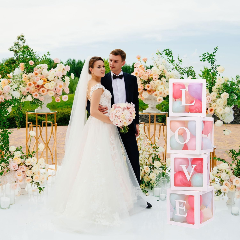 Set 4 Cutii pentru Baloane, Model Scris Love, Tematica Iubire, Cuburi Decorative din Plastic, Accesorii pentru Petrecere, 30 x30 cm, Transparente Contur Alb [2]