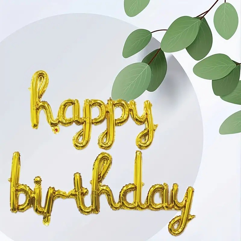 Set 10 Baloane din Folie Metalizata, Figurine Litere, Model Scris de Mana Happy Birthday, Tema Aniversare, 40 cm, Ambalaj Individual, Pai Inclus, Umflare cu Aer sau Heliu, Auriu [2]