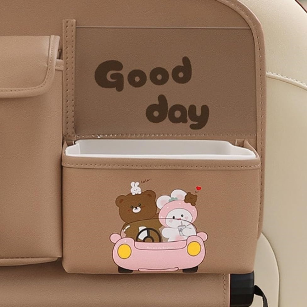 Geanta Multifunctionala de Depozitare, pentru Bancheta din Spate a Masinii, Animat, Model Ursuleti, Scris Good Day, Suport Servetele si Telefon, 25x31 cm, Maro [6]