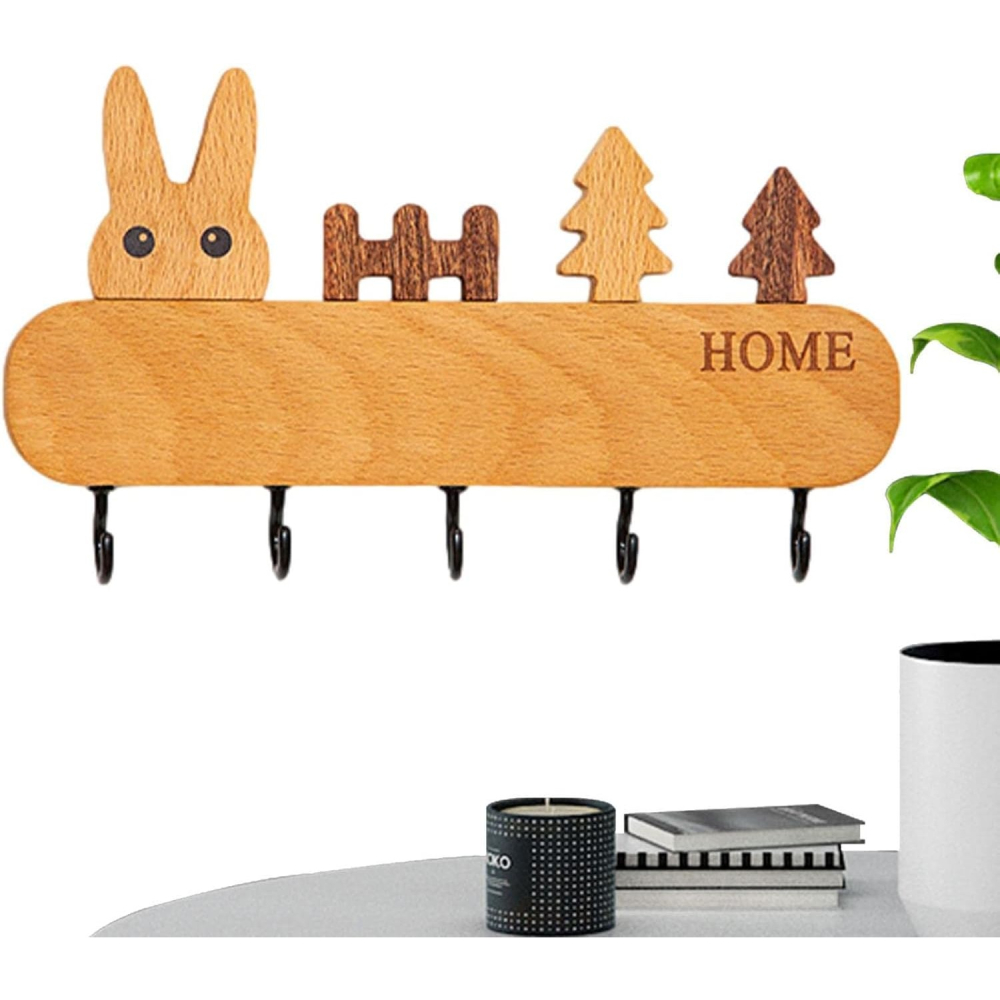 Suport pentru Chei, din Lemn, Aplicare fara Perforare, Adeziv Inclus, 5 Carlige Negre, Model Iepure, Greutate Suportata 5 kg, 13.5 x 22 cm, Maro [5]