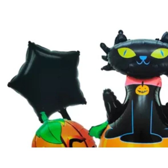 Set 5 Baloane din Folie Metalizata, Figurine, Tema Halloween, Pai Inclus, Ambalaj Individual, Umflare cu Aer sau Heliu, Figurina Dovleac si Pisica 90x60 cm, Stelute si Cerculete 45 cm, Portocaliu-Negru [5]