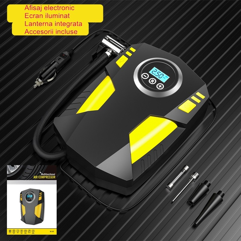 Compresor Auto Portabil cu Lanterna si Afisaj Electornic DC 12V, 120W, 35L/min, Cablu de alimentare 3m, Pompa Biciclete, Moto, Mingi, Saltele, Max 10.3bar, lumina LED, Negru [2]