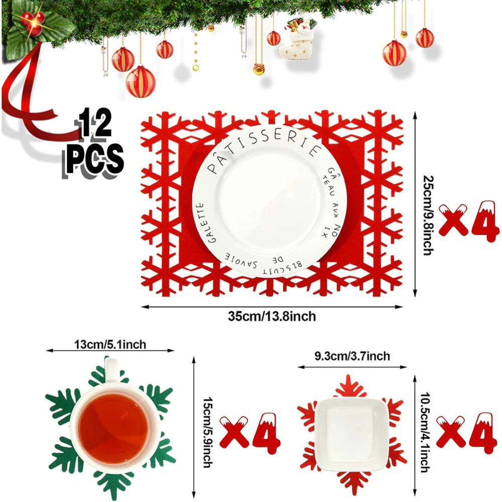 Set 12 Servete pentru Masa si Suporturi de Pahare/Tacamuri, 4 Servete 25x35 cm, 4 Suporturi de 13x15 cm, 4 Suporturi de 9.3x10.5 cm, Verde-Rosu [8]