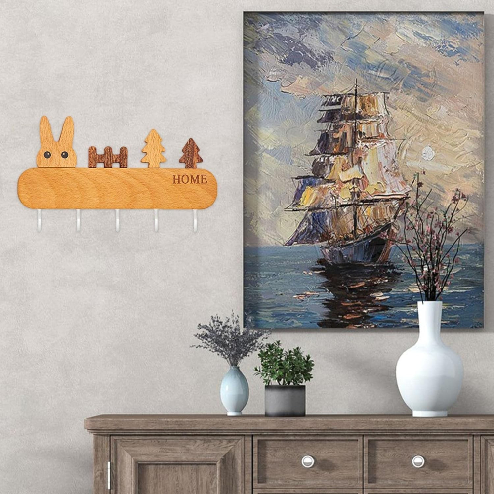 Suport pentru Chei, din Lemn, Aplicare fara Perforare, Adeziv Inclus, 5 Carlige Albe, Model Iepure, Greutate Suportata 5 kg, 13.5 x 22 cm, Maro [6]