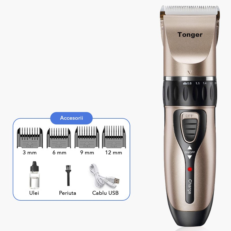 Masina De Tuns Bebelusi si Copii, Lame Cermice si Inox, Fara Fir, Functie Anti Taiere, Silentios, 50 W, 4 Accesorii, Incarcator USB, Gold Negru [2]