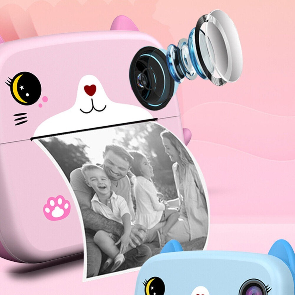 Camera Instantanee pentru Copii, cu Functie de Printare, Camera Frontala + Selfie, Cablu USB-C, Bluetooth, Compatibil iOS/Android, Imprimare APP, Model Pisica, Roz [2]