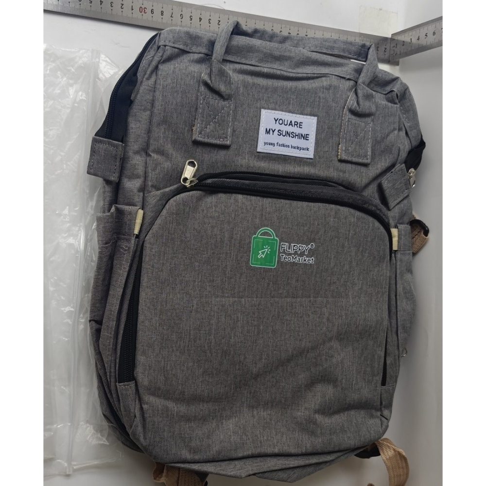 Rucsac Multifunctional pentru Mamici, cu Patut Pliabil si Baza de Schimbat, Rezistent la Apa, Capacitate Mare, Usor, Compartimente Multiple, Buzunar Termic pentru Lapte, 42 x 32 x 22 cm, Gri [2]