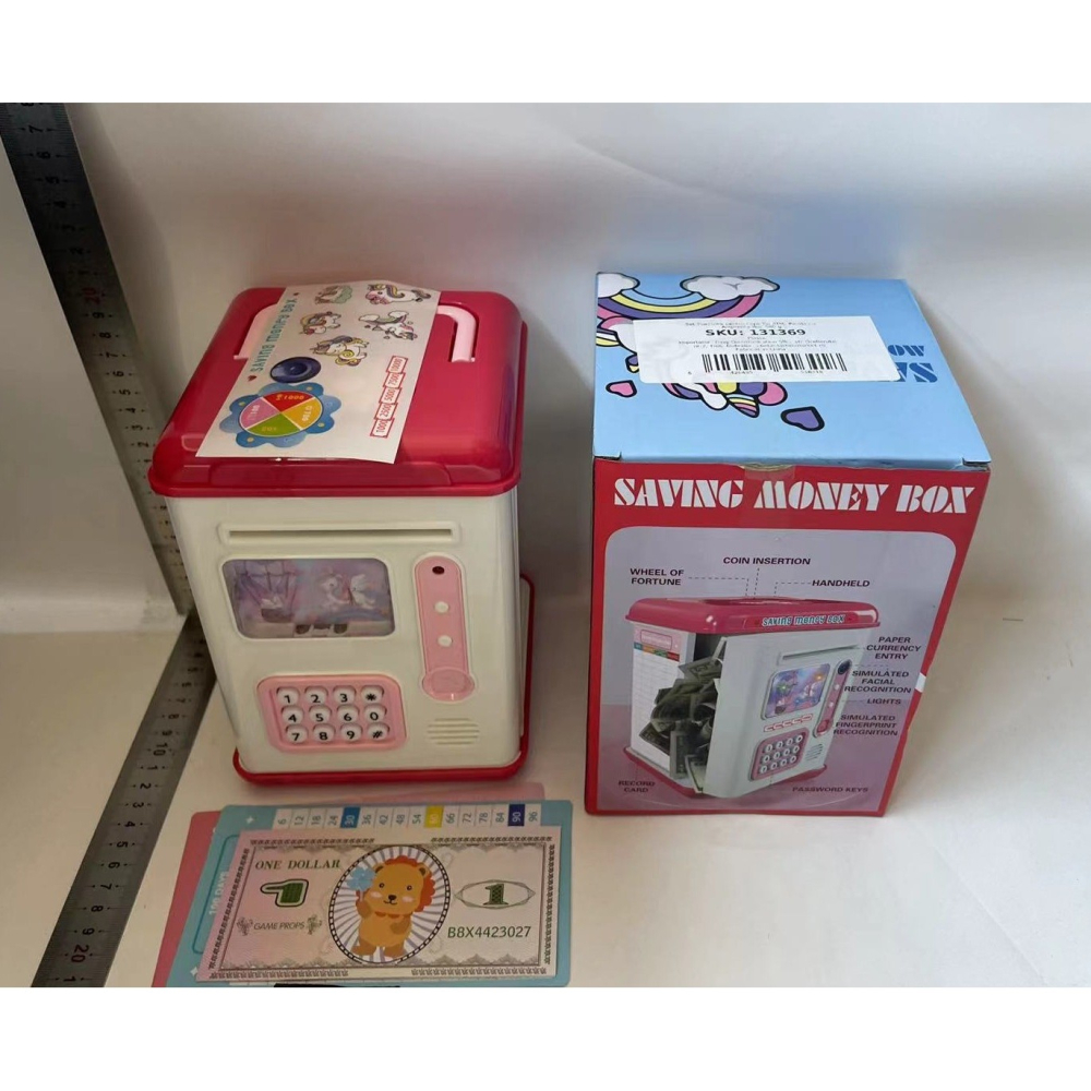 Set Pusculita pentru Copii, Tip ATM, Parola cu Amprenta, 13.5 x 11.5 x 20 cm, Roz [5]