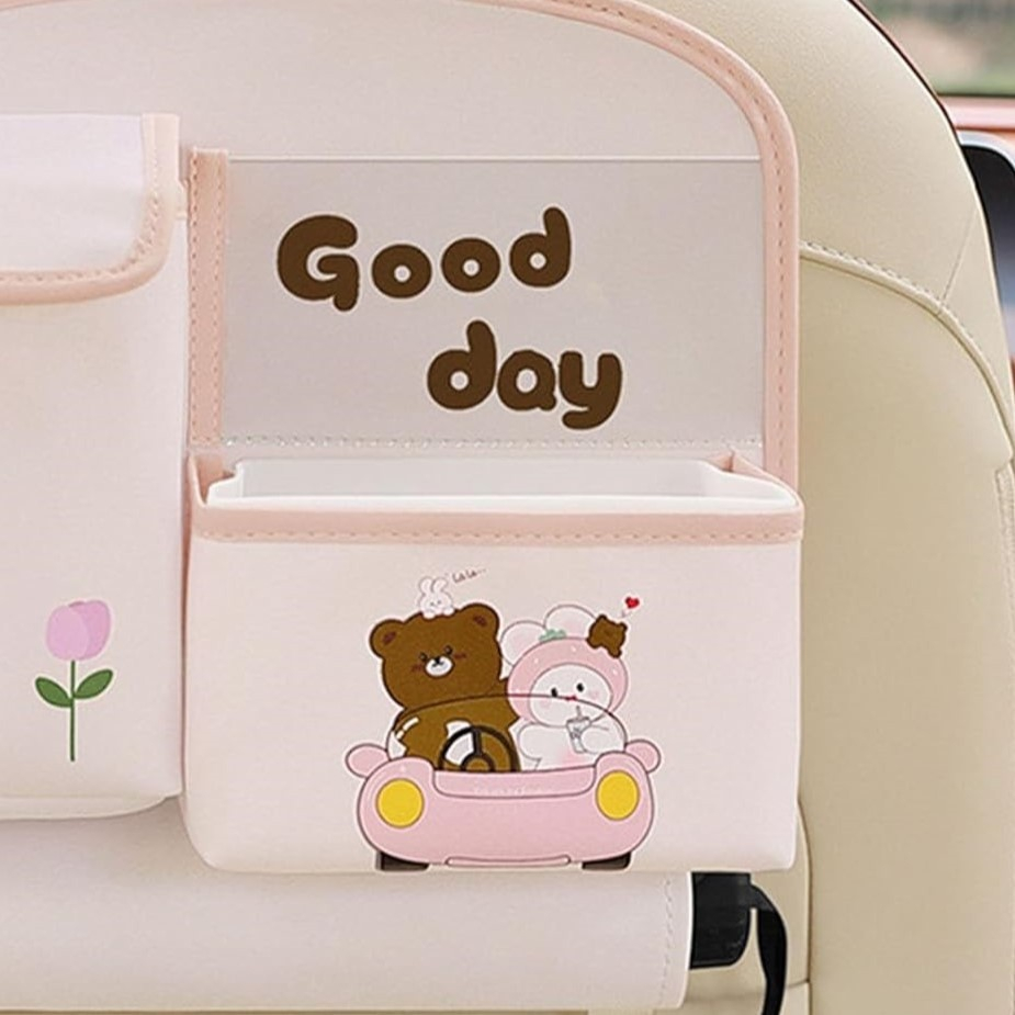Geanta Multifunctionala de Depozitare, pentru Bancheta din Spate a Masinii, Animat, Model Ursuleti, Scris Good Day, Suport Servetele si Telefon, 25x31 cm, Roz [7]