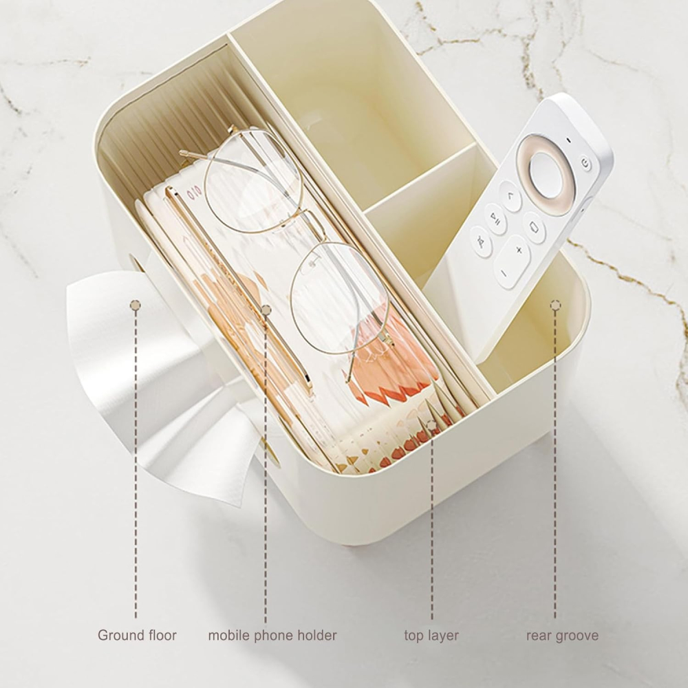 Suport pentru Servetele, Cutie Multifunctionala, Design Minimalist, ABS, cu Suport pentru Obiectele Personale, pentru Birou, 21x15x13 cm, Crem [7]