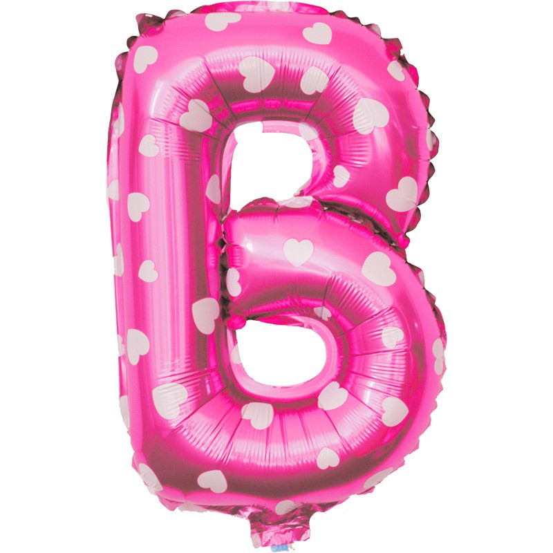 Balon Folie Metalizata Litera B, 40 cm, Cu Imprimeu Inimioare, Umflati cu Heliu sau Aer, Ambalaj Individual, Pai inclus, Roz [3]