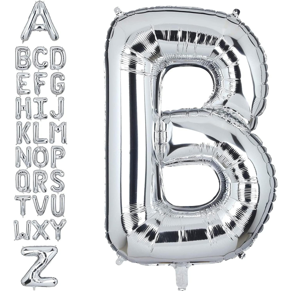Balon Folie Metalizata Litera B, 80 cm, Umflati cu Heliu sau Aer, Ambalaj Individual, Pai inclus, Argintiu [9]
