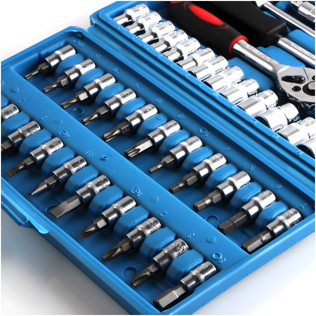 Chei tubulare Set 46 de Piese, Trusa Scule de Reparatii Auto, Prelungitoare Rigid si Flexibil, Articulatie Cardanica, Antrenor de Forta Glisant, Adaptoare, Maner pentru Surubelnita, 23 x 12 x 4 cm, 1.9 kg, Cutie Albastra [4]