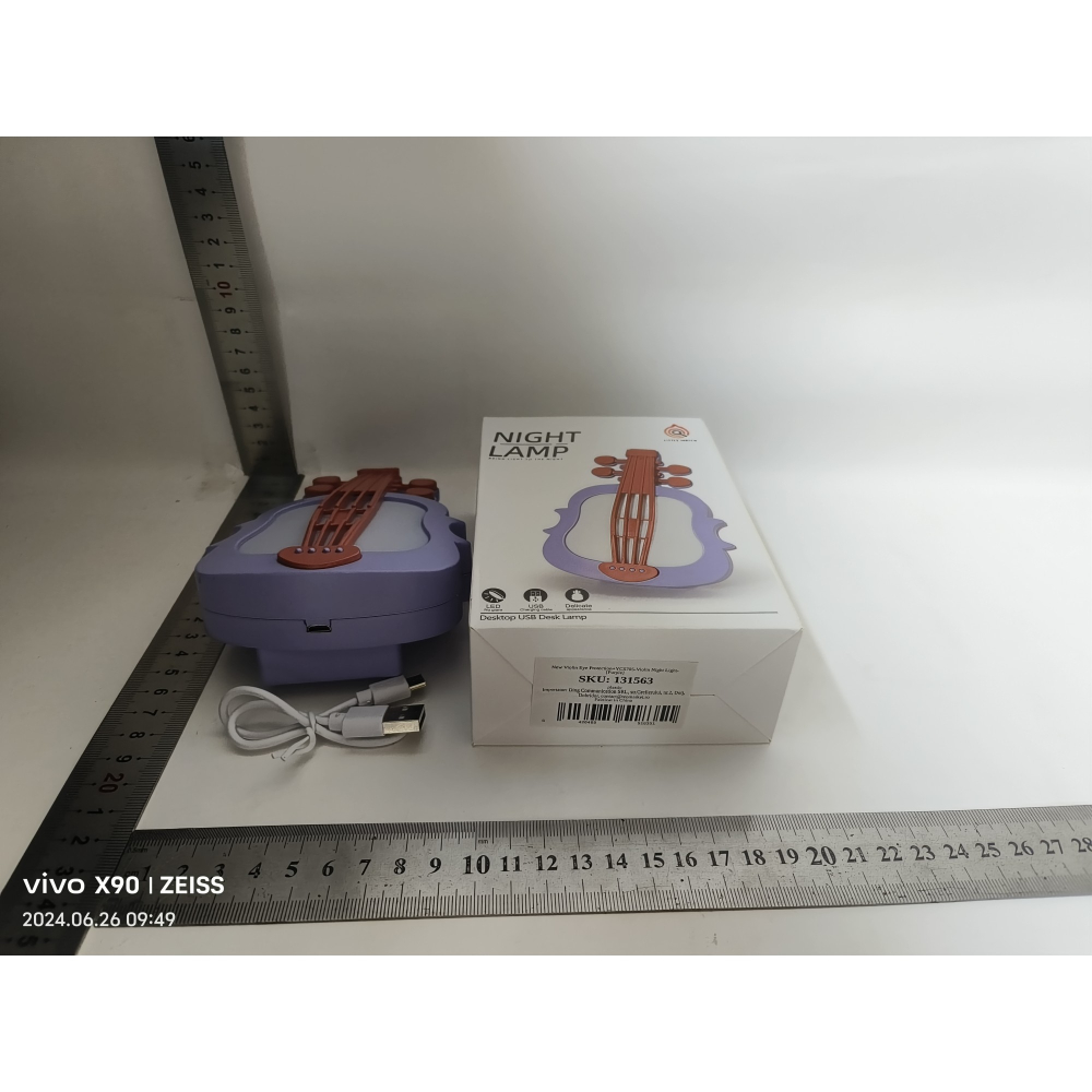 Lampa de Veghe, cu Protectie pentru Ochi, Model Violina, Lumina Calda, Incarcare USB, ABS, 14.3x5x9.9 cm, Mov/ Portocaliu [2]