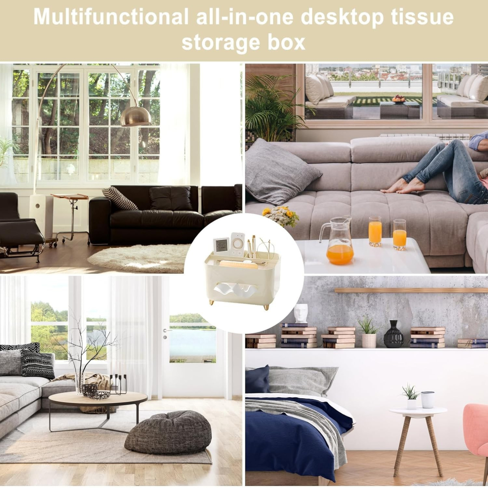 Suport pentru Servetele, Cutie Multifunctionala, Design Minimalist, ABS, cu Suport pentru Obiectele Personale, pentru Birou, 21x15x13 cm, Crem [6]
