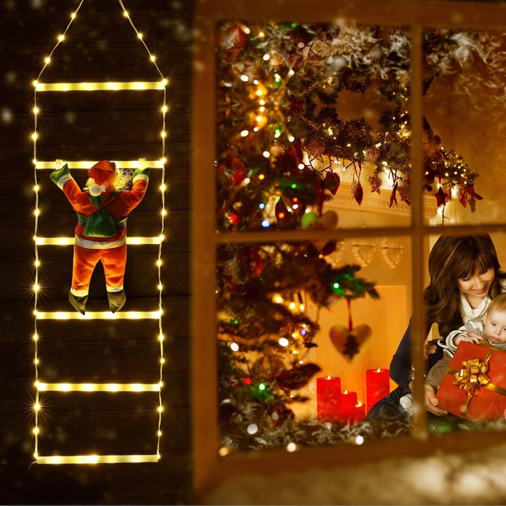 Instalatie LED de Craciun, cu Accesorii, Lumina Calda, Lungime 1 m, 4 Trepte, 72 de Luminite, 8 Moduri, Model Mos Craciun pe Scara Alb cald [4]