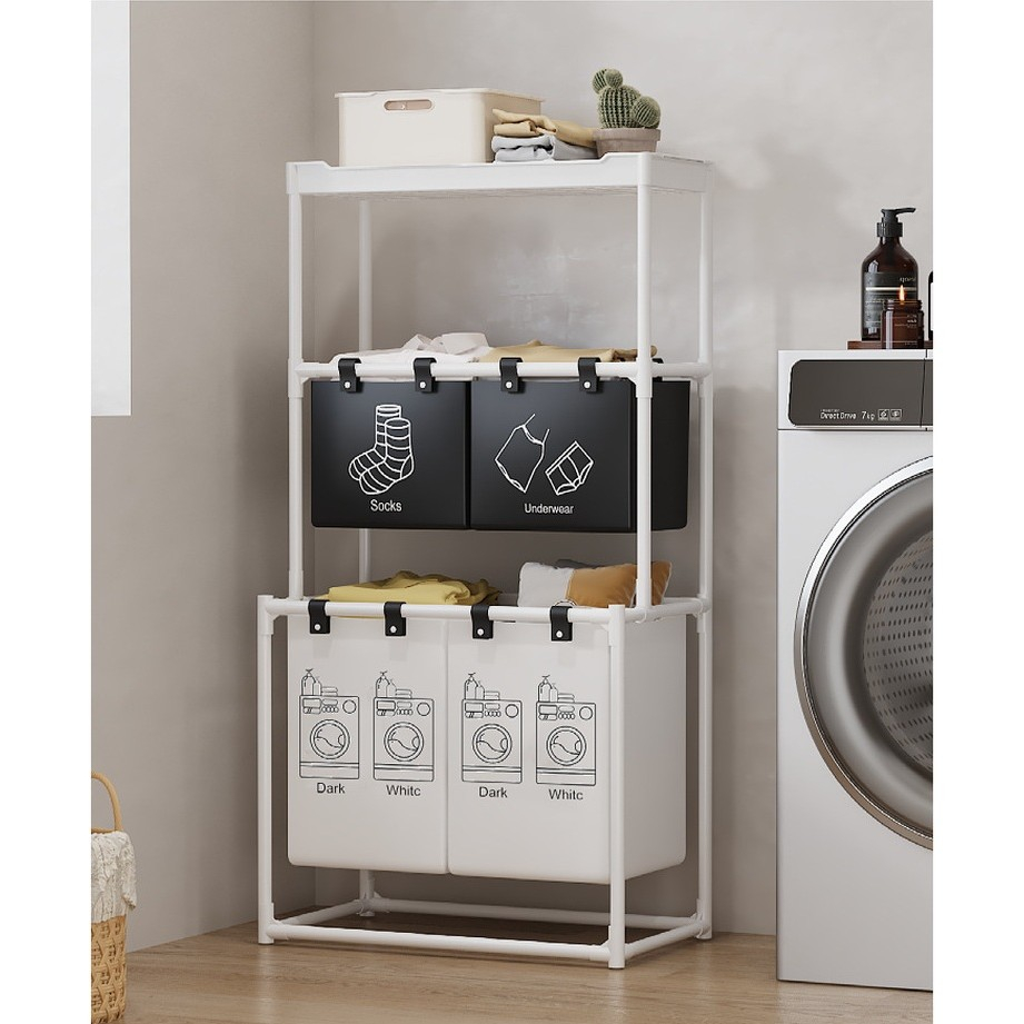 Cos de Rufe, 3 Rafturi, 4 Cosuri, Cadru de Otel Inoxidabil, 123x28x57 cm, 123x44x57 cm, Alb [5]