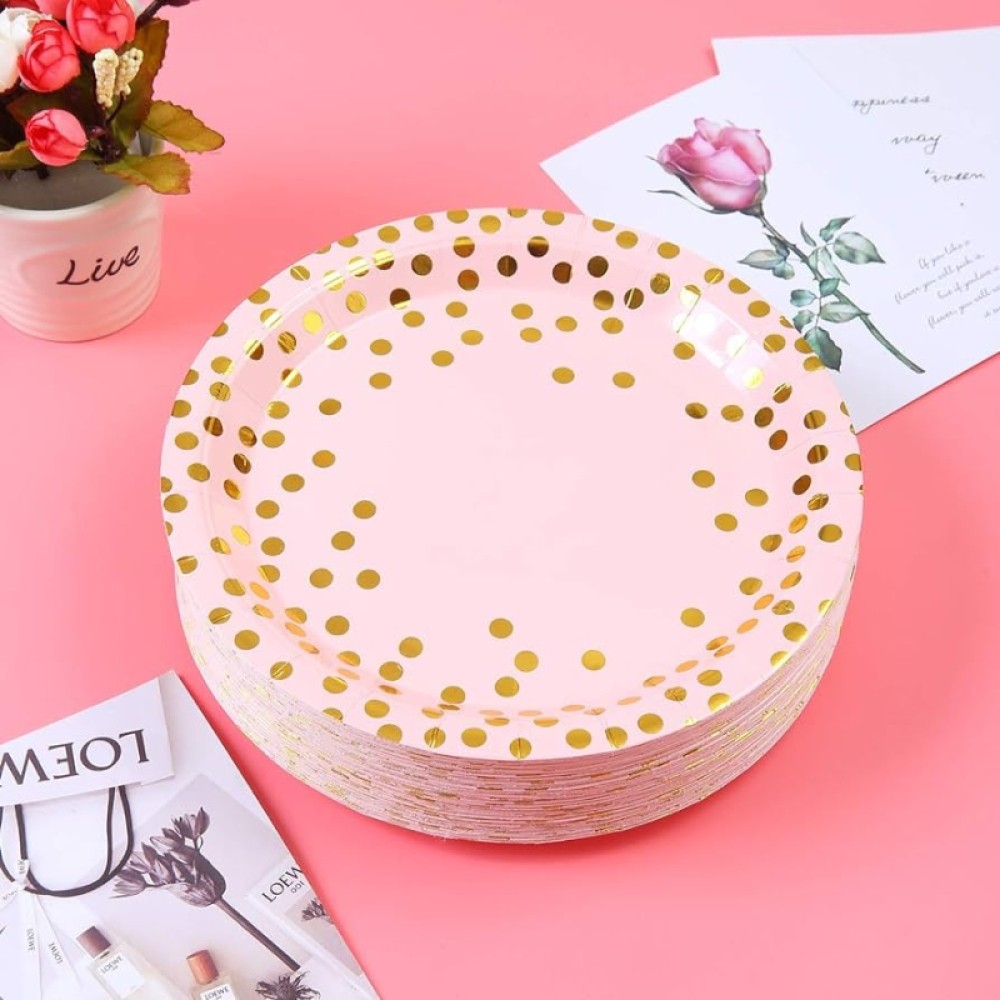 Set 10 Farfurii Unica Folosinta, Imprimeu cu Buline, din Carton, Diametru 18 cm, Roz/Auriu [5]