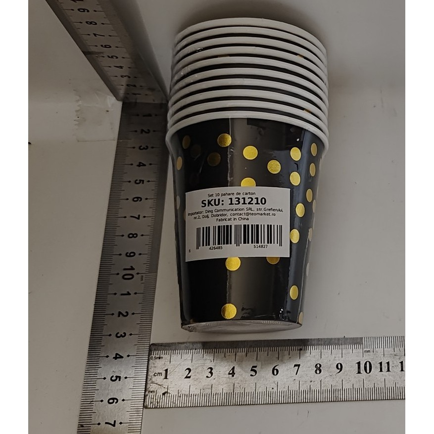 Set 10 Pahare, Imprimeu cu Buline, din Carton, 250 ml, 7 x 8.5 x 5 cm, Negru/Auriu [4]