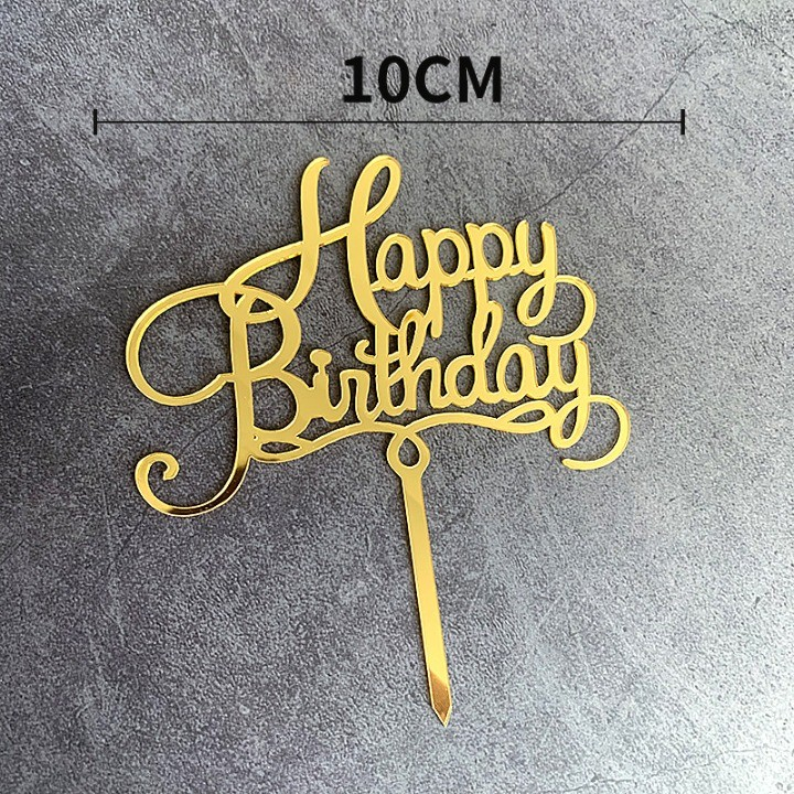 Decoratiune Topper pentru Tort, Model Happy Birthday, Tematica Aniversare, 10 cm, Auriu [2]