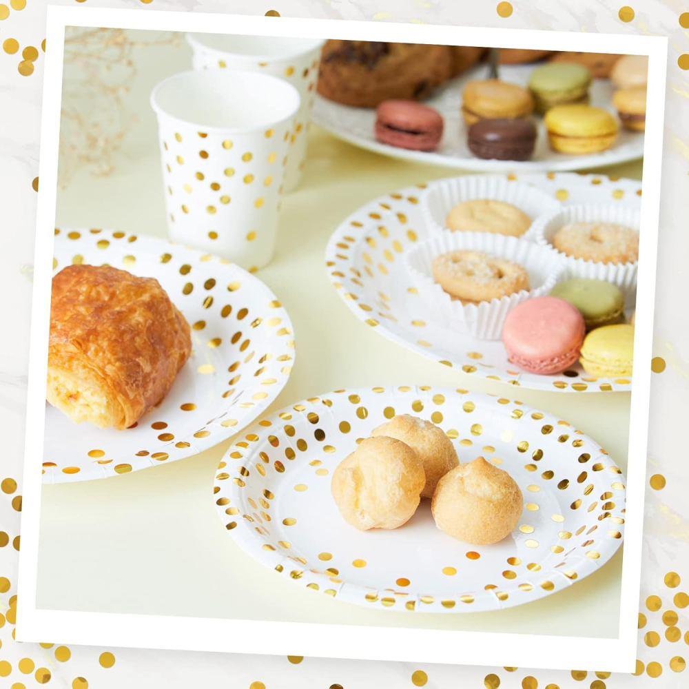 Set 10 Farfurii Unica Folosinta, Imprimeu cu Buline, din Carton, Diametru 23 cm, Alb/Auriu [5]