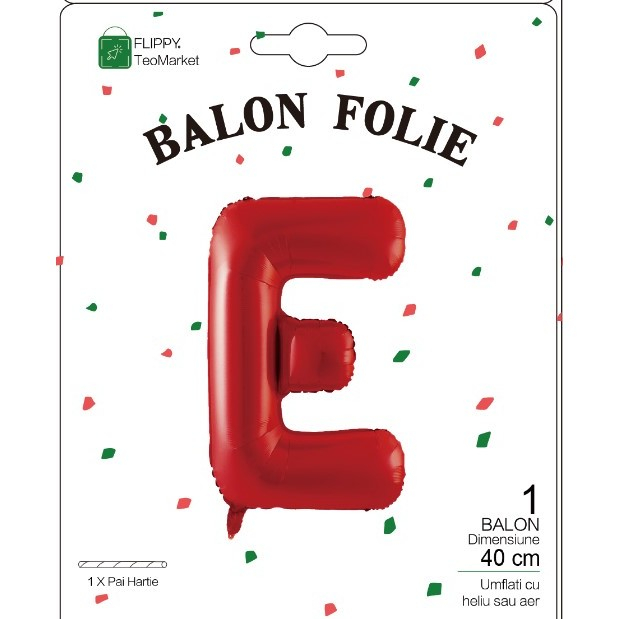 Balon Folie Metalizata Litera E, 40 cm, Umflati cu Heliu sau Aer, Ambalaj Individual, Pai inclus, Rosu [2]