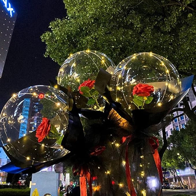 Buchet Decorativ, Trandafir in Balon cu Lumini Led, Diametru 35 cm, 2 x Baterii AA (neincluse), Rosu/Negru [7]