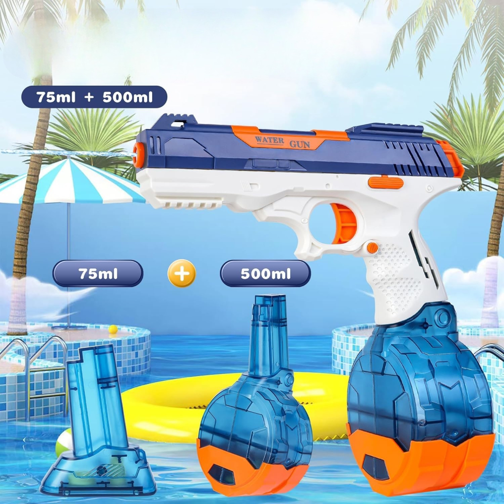 Pistol cu Apa Electric, 2 Rezervoare 75/350 ml, din ABS+Silicon, Baterie, Incarcare USB, Conectare la Furtun, +6 Ani, Albastru [5]