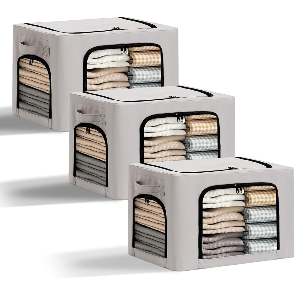 Cutie de Depozitare, cu 3 Ferestre cu Fermoar Bidirectional, Cadru din Otel, Impermeabil, 38L, 42 x 30 x 30 cm, Gri [6]