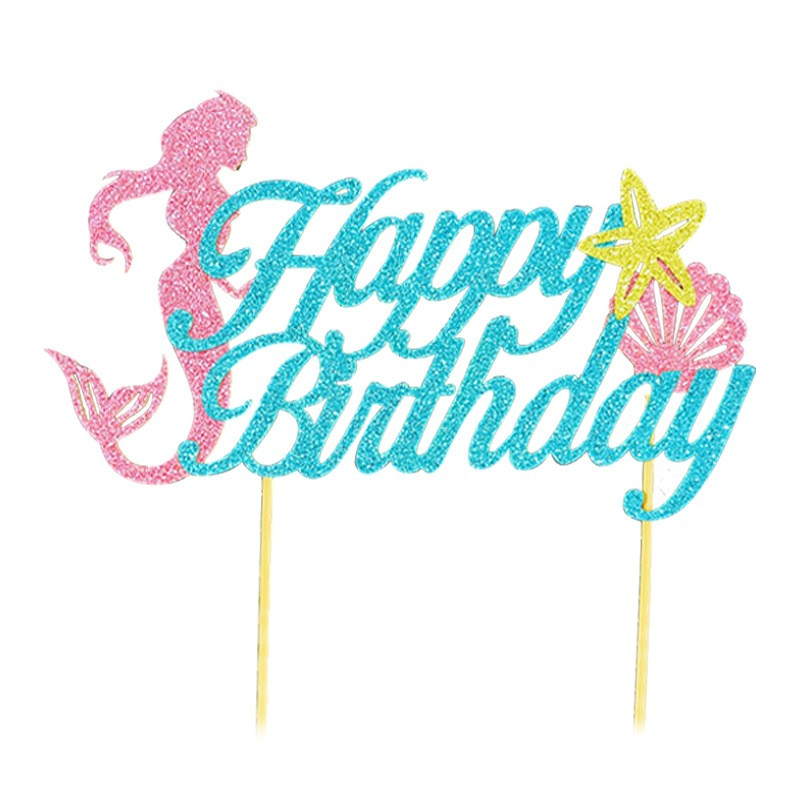 Set Toppere pentru Tort si Prajituri, Tematica Sirena, Model Mare Scris Happy Birthday 16.5x8.2 cm, 6 Toppere Mici Model Marin 5x5 cm, Multicolor [4]