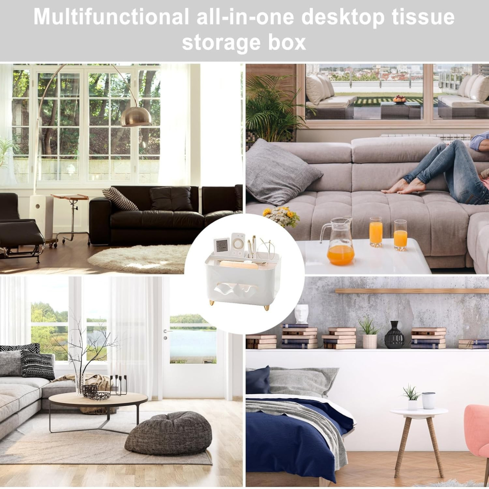 Suport pentru Servetele, Cutie Multifunctionala, Design Minimalist, ABS, cu Suport pentru Obiectele Personale, pentru Birou, 21x15x13 cm, Alb [4]