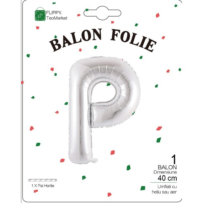 Balon Folie Metalizata Litera P, 40 cm, Umflati cu Heliu sau Aer, Ambalaj Individual, Pai inclus, Argintiu [2]