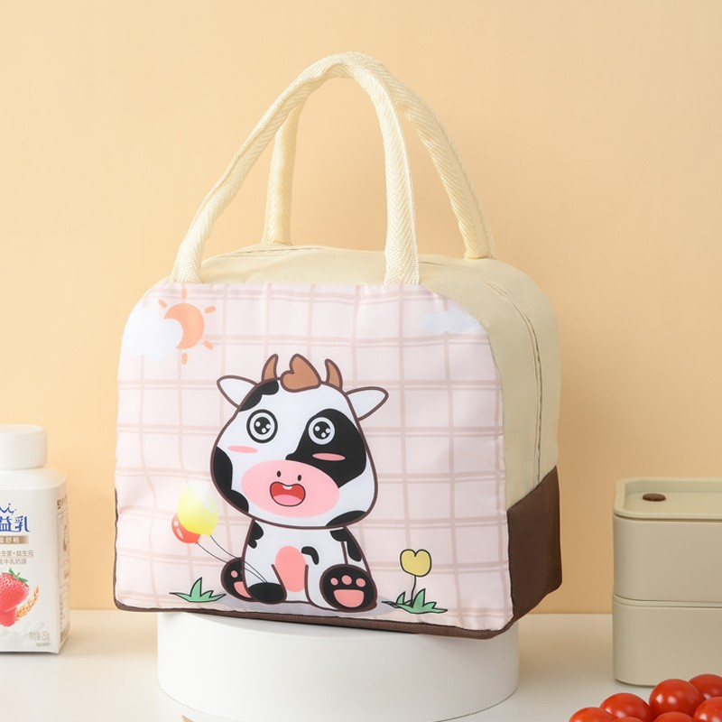 Geanta Termoizolanta pentru Copii, 23x13x19 cm, Model Imprimeu Vacuta, din Folie de Aluminiu si Panza Oxford, Bej [6]