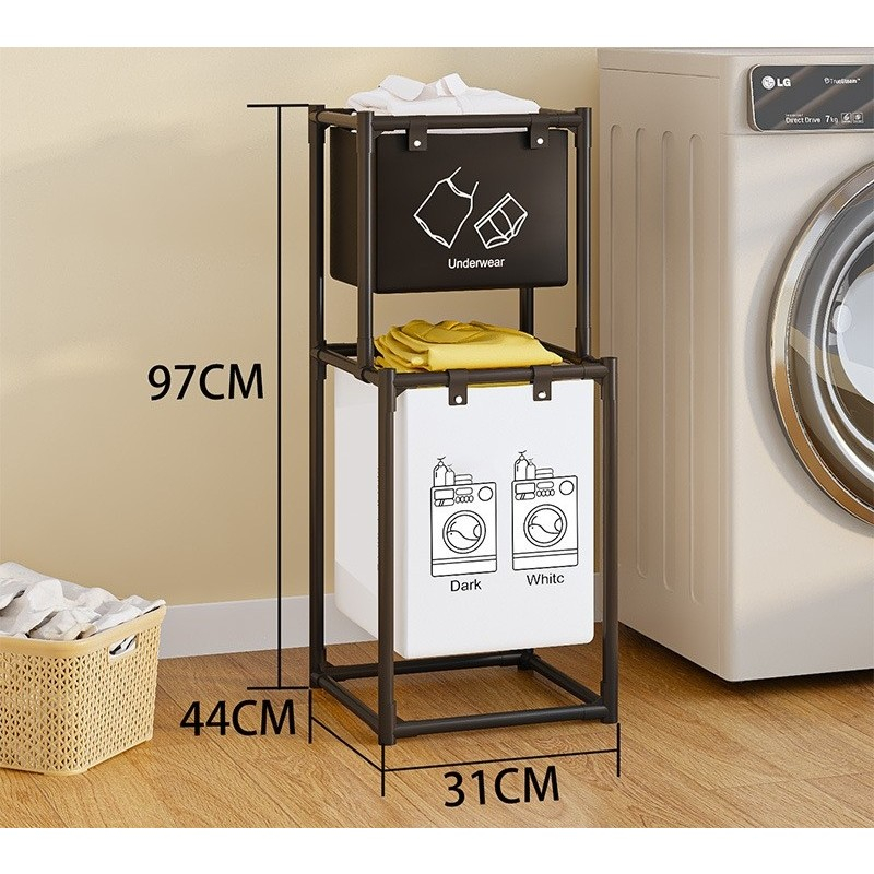 Cos de Rufe, cu 2 Etaje, 2 Cosuri, Cadru de Otel Inoxidabil, 97x44x31 cm, Negru [2]