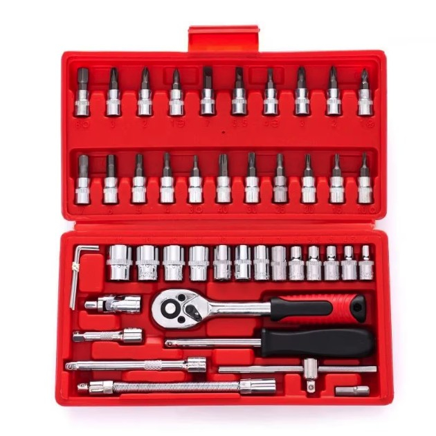 Chei tubulare Set 46 de Piese, Trusa Scule de Reparatii Auto, Prelungitoare Rigid si Flexibil, Articulatie Cardanica, Antrenor de Forta Glisant, Adaptoare, Maner pentru Surubelnita, 23 x 12 x 4 cm, 1.9 kg, Cutie Rosie [4]