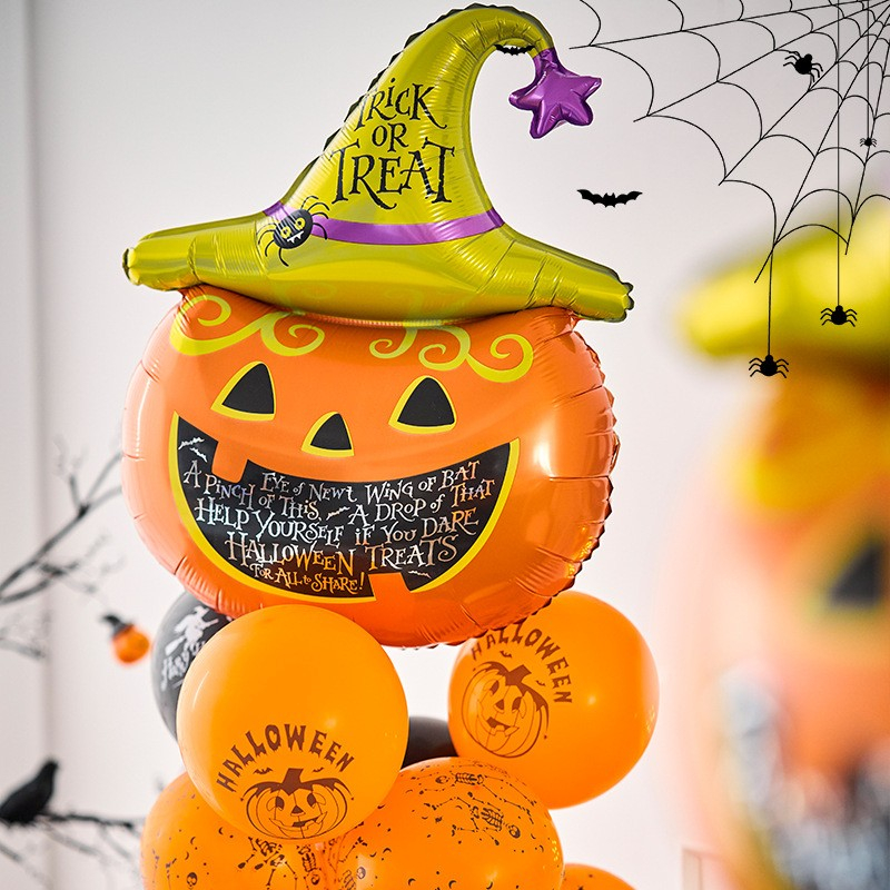 Set 5 Baloane din Folie Metalizata, Figurine, Tema Halloween, Pai Inclus, Ambalaj Individual, Umflare cu Aer sau Heliu, Figurina Dovleac 54x87 cm, Stelute si Cerculete 45 cm, Multicolor [5]