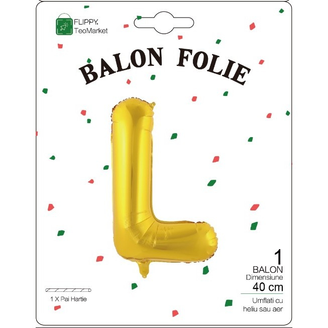 Balon Folie Metalizata Litera L, 40 cm, Umflati cu Heliu sau Aer, Ambalaj Individual, Pai inclus, Auriu [2]