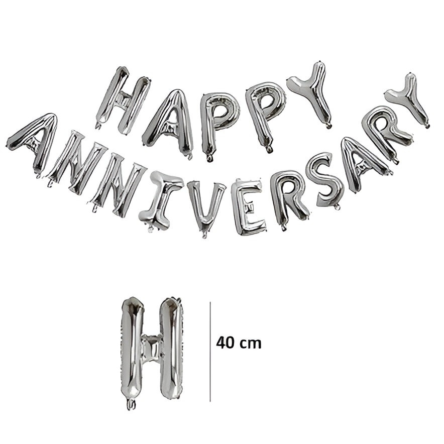 Set Baloane din Folie Metalizat?, Model Happy Anniversary, Litere de 40 cm, Baloane Party, Ambalaj Individual, Pai inclus, Umflare cu Aer sau Heliu, Argintiu [3]