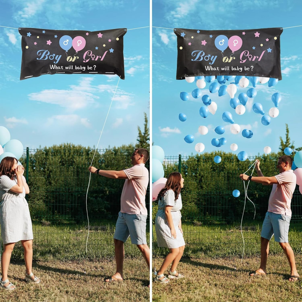 Set Gender Reveal, Balloon Drop Bag, din Plastic si Latex, 24 Baloane Roz si Albastru 13 cm, Sac pentru Baloane 60 x 120 cm, Multicolor [4]