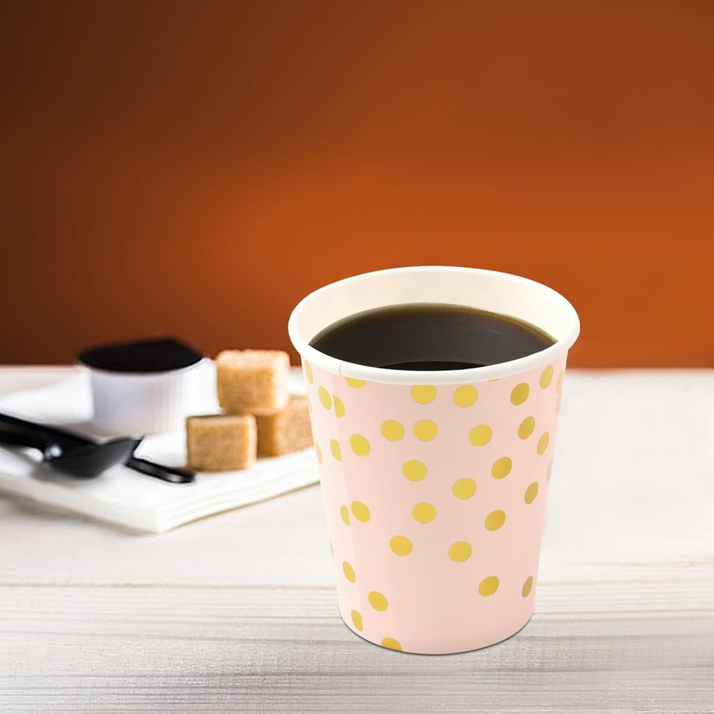 Set 10 Pahare, Imprimeu cu Buline, din Carton, 250 ml, 7.5 x 8.5 x 5.2 cm, Roz/Auriu [3]