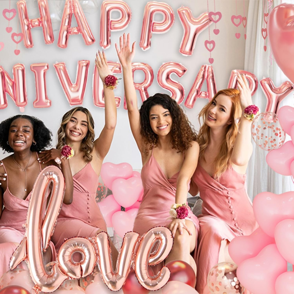 Set Baloane din Folie Metalizata, Model Happy Anniversary, Litere de 40 cm, Baloane Party, Ambalaj Individual, Pai Inclus, Umflare cu Aer sau Heliu, Roz [9]