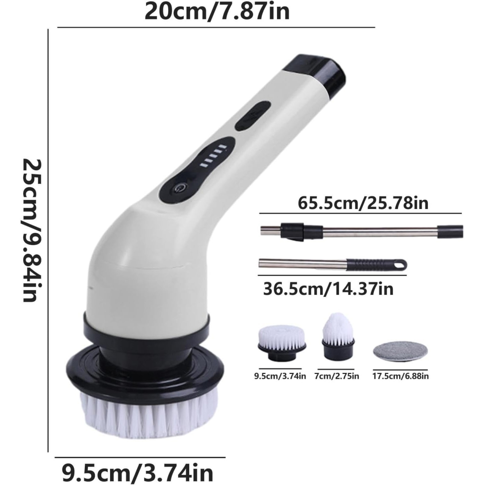 Perie Electrica de Curatare, pentru Gresie, Baie, Bucatarie, 25x20x9.5 cm, cu 6 Capete, Maner Extensibil Detasabil 84-127cm, Incarcare USB-Type C, Rotire 360 de Grade, 3000 mAh, Culoare: Alb [6]